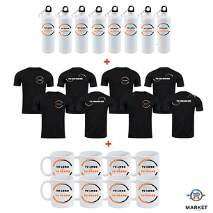 Pack Emprende Premium - 8 Poleras + 8 Taza Personalizada + 8 Botellas personalizadas 