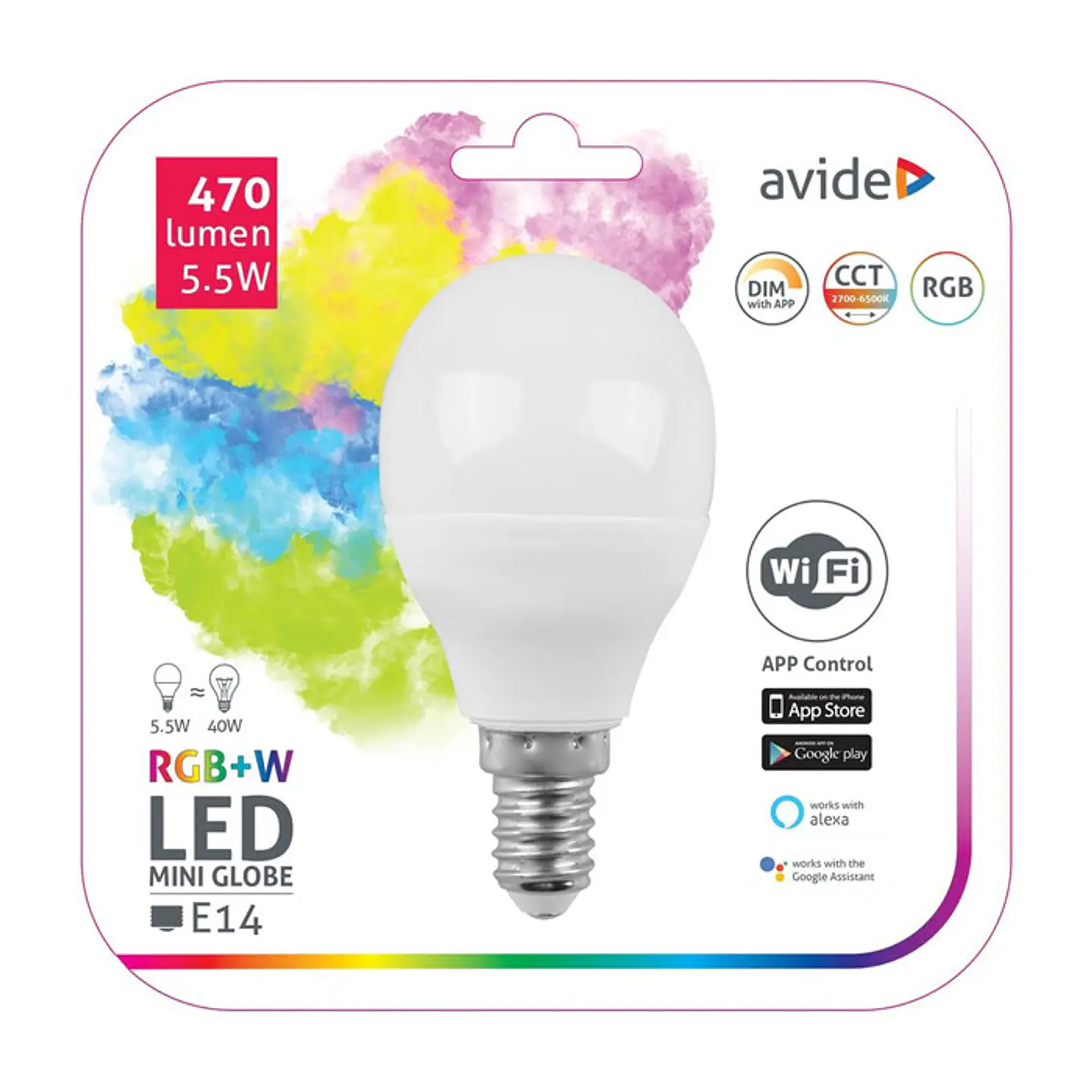 Lâmpada Avide LED CLP E14 5,5W RGB WIFI APP 1