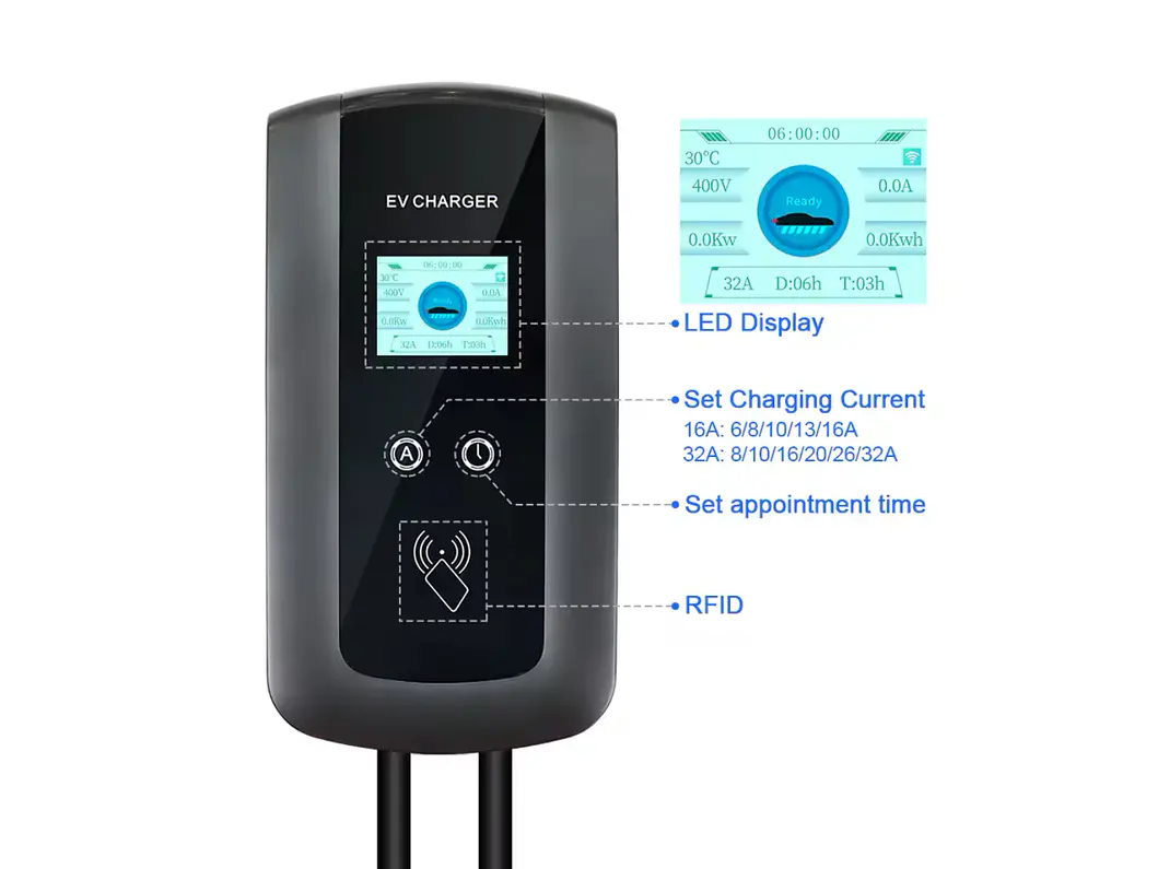 Wallbox 7 kW | 32A | Cabo 5m | App | RFID | Ecrã LCD 3