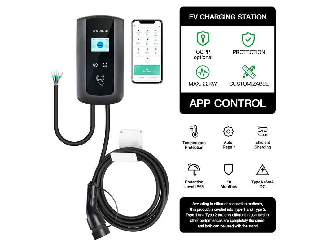 Wallbox 7 kW | 32A | Cabo 5m | App | RFID | Ecrã LCD 8