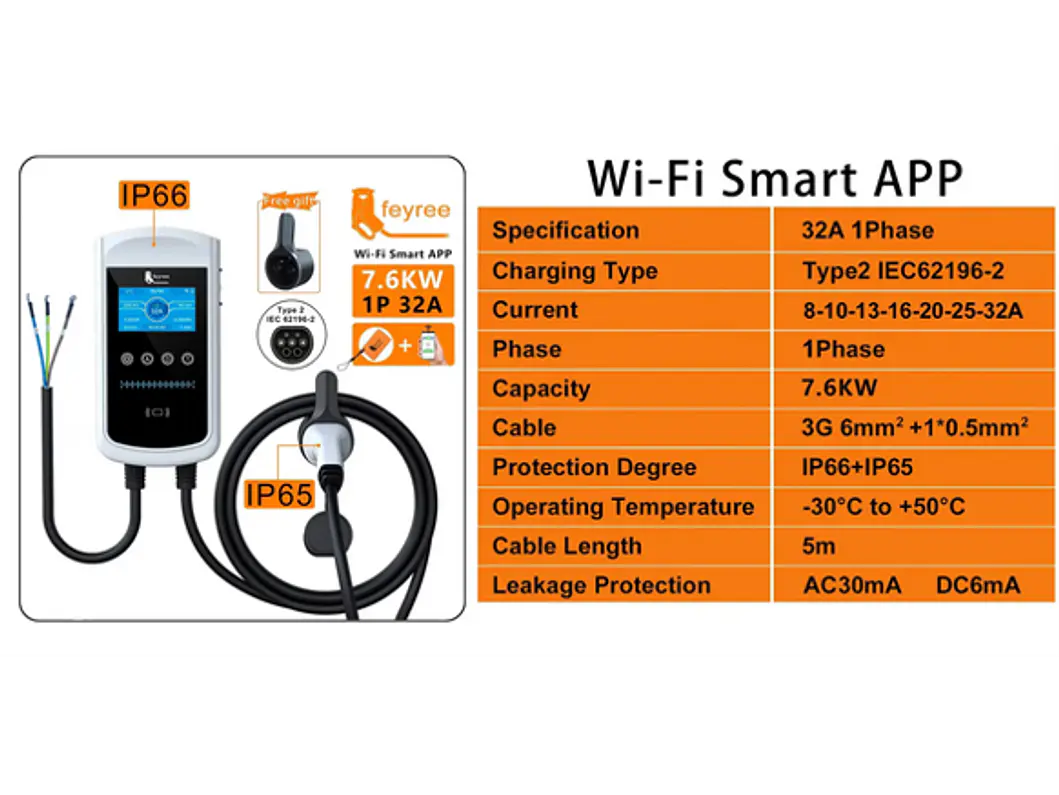 Wallbox 7 kW | 32A | Cabo 5m | App Wi-Fi | RFID | Ecrã LCD 2