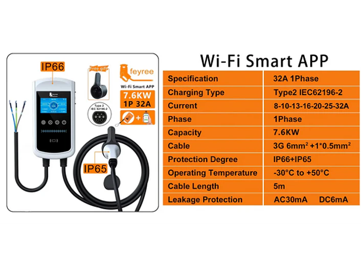 Wallbox 7 kW | 32A | Cabo 5m | App Wi-Fi | RFID | Ecrã LCD 2