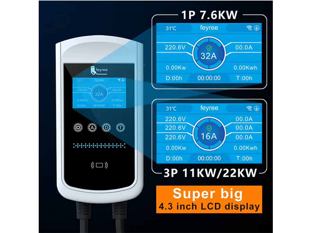 Wallbox 11 kW | 16A | Cabo 5m | App Wi-Fi | RFID | Ecrã LCD 3