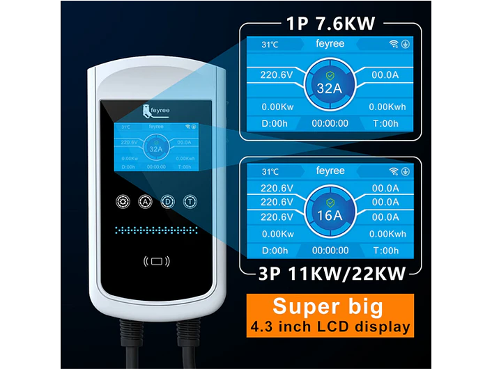 Wallbox 11 kW | 16A | Cabo 5m | App Wi-Fi | RFID | Ecrã LCD 3
