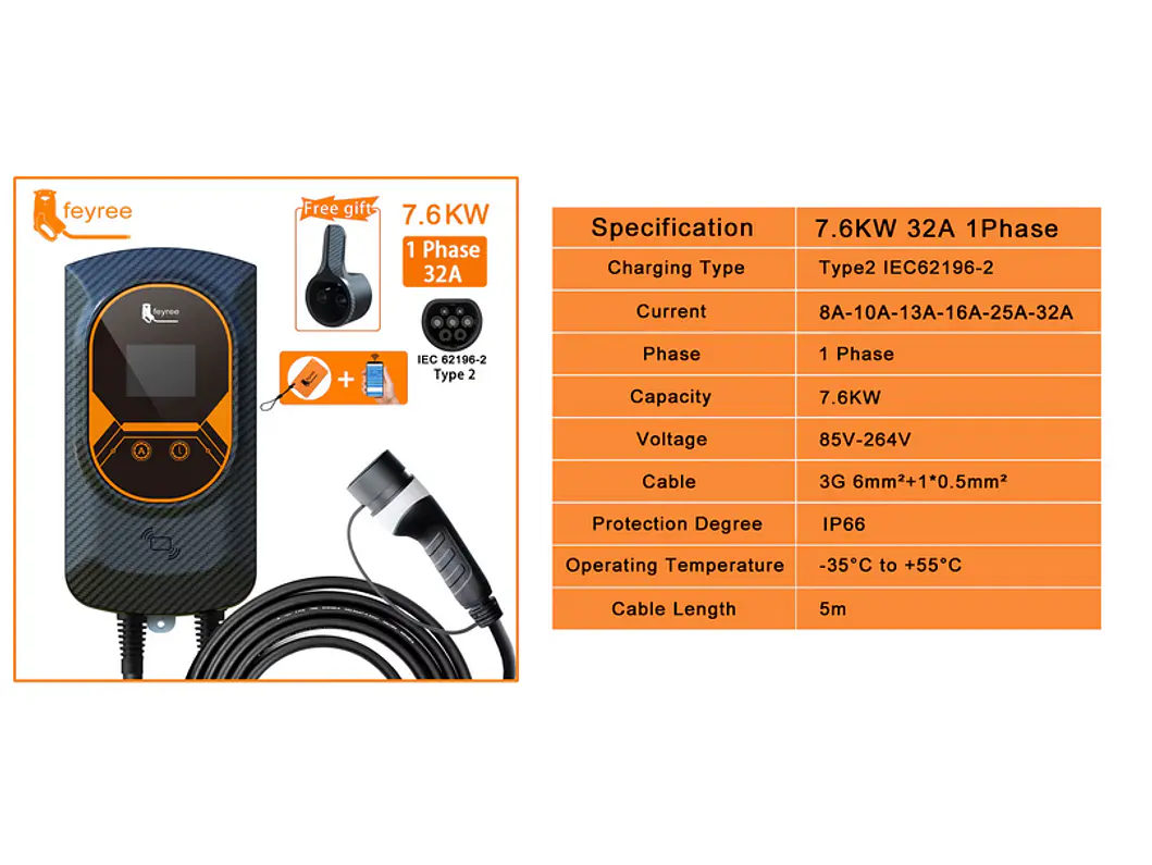 Wallbox 7 kW | 32A | Cabo 5m | App | RFID | Ecrã LCD 3