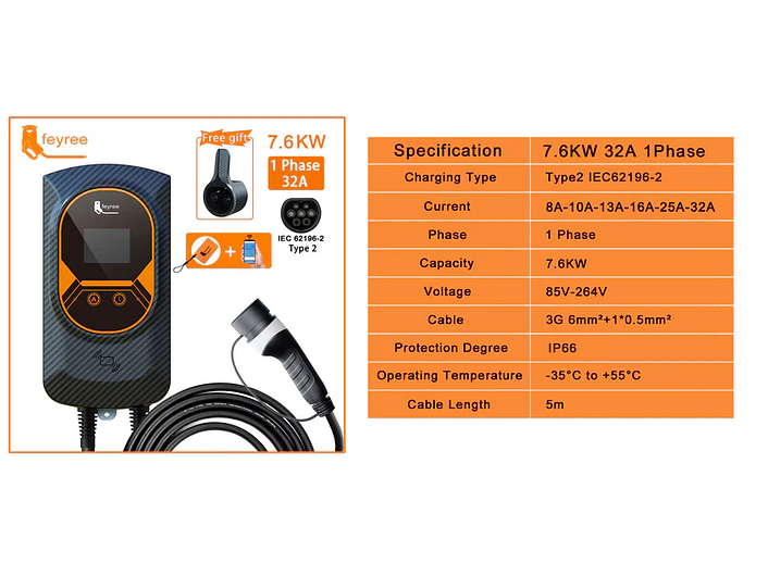 Wallbox 7 kW | 32A | Cabo 5m | App | RFID | Ecrã LCD 3