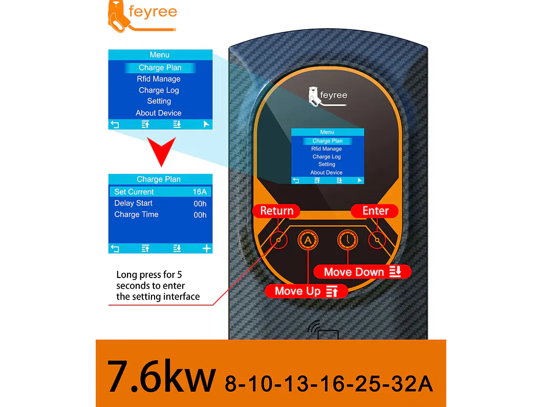 Wallbox 7 kW | 32A | Cabo 5m | App | RFID | Ecrã LCD 16