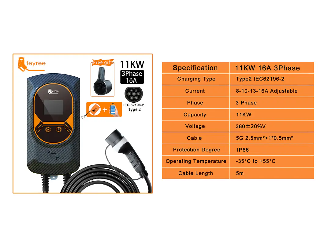 Wallbox 11 kW | 16A | Cabo 5m | App Wi-Fi | RFID | Ecrã LCD 3