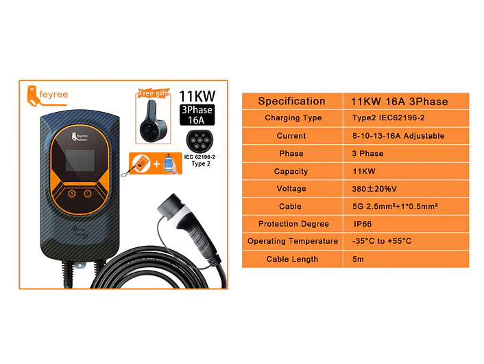Wallbox 11 kW | 16A | Cabo 5m | App Wi-Fi | RFID | Ecrã LCD 3