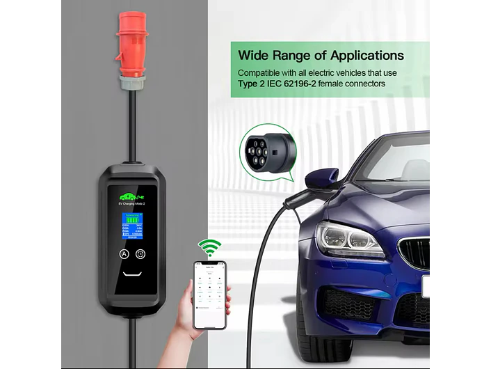 Carregador Portátil 22 kW | 32A | 5 Metros | App Wi-Fi | Saco Transporte | Suporte Parede 7