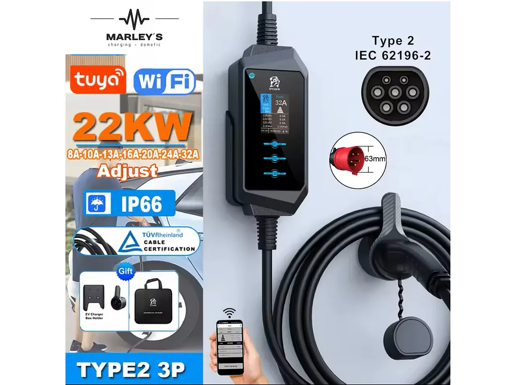 Carregador Portátil 22 kW | 32A | 5 Metros | App Wi-Fi | Saco Transporte | Suporte Parede 3