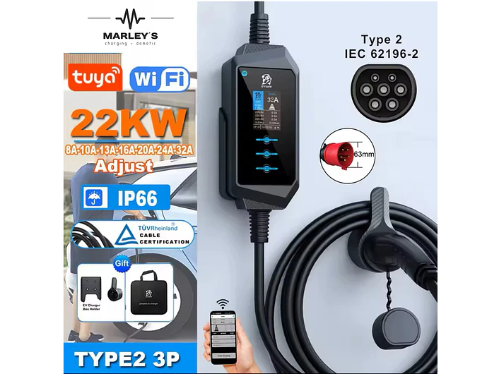 Carregador Portátil 22 kW | 32A | 5 Metros | App Wi-Fi | Saco Transporte | Suporte Parede 3