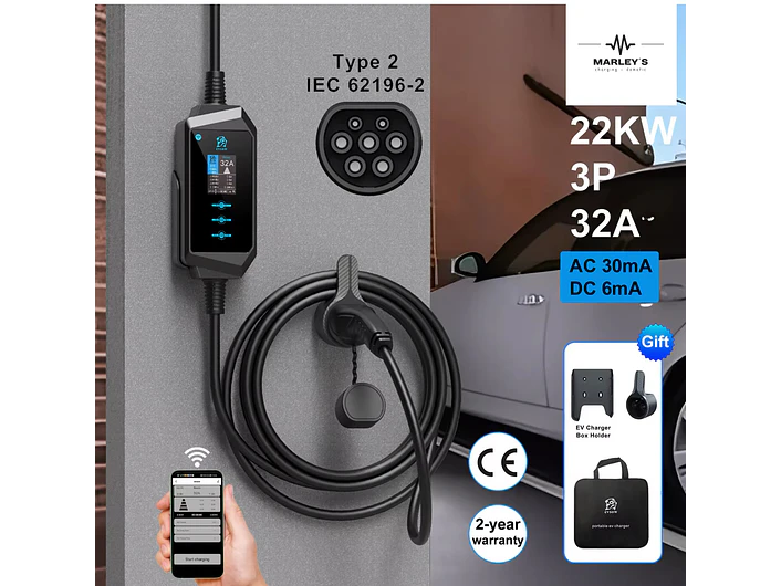 Carregador Portátil 22 kW | 32A | 5 Metros | App Wi-Fi | Saco Transporte | Suporte Parede 9