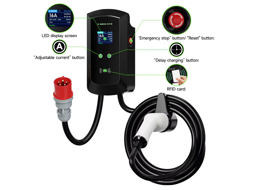 Wallbox 11 kW | 16A | Cabo 5m | App Wi-Fi | RFID | Ecrã LCD 8