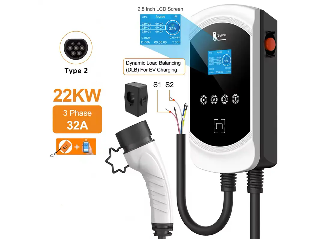 Wallbox 22 kW | 32A | Cabo 5 ou 10m | App | RFID | Ecrã | DLB - Balanceamento Carga 2