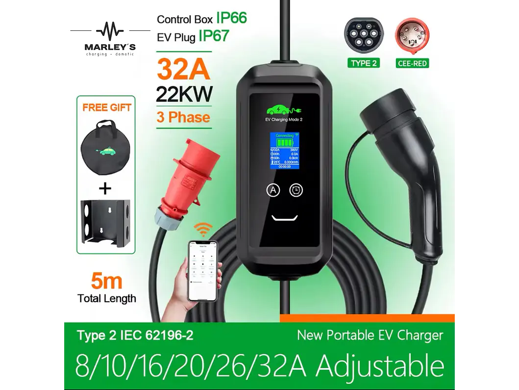 Carregador Portátil 22 kW | 32A | 5 Metros | App Wi-Fi | Saco Transporte | Suporte Parede 2