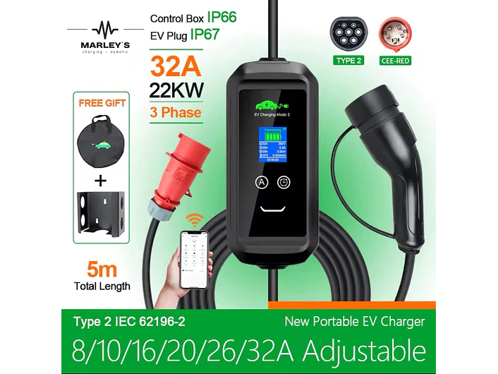 Carregador Portátil 22 kW | 32A | 5 Metros | App Wi-Fi | Saco Transporte | Suporte Parede 2