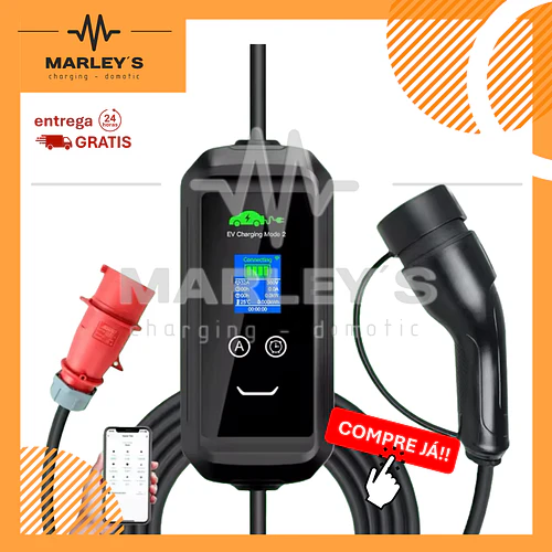 Carregador Portátil 22 kW | 32A | 5 Metros | App Wi-Fi | Saco Transporte | Suporte Parede