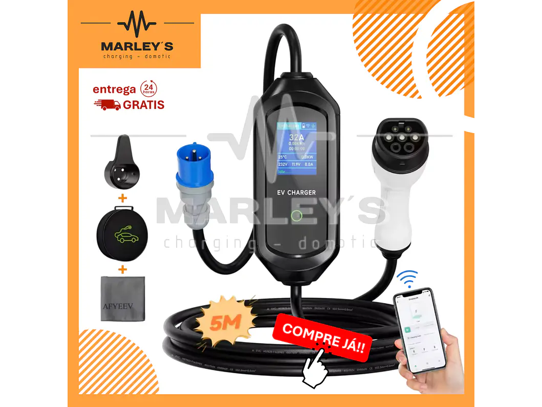 Carregador Portátil 7 kW | 32A | 5 Metros | App Wi-Fi | Ecrã LCD | Suporte Tomada | Saco Transporte 1