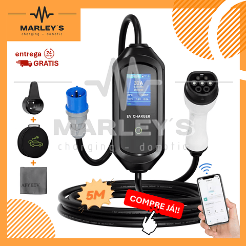 Carregador Portátil 7 kw - 32A - C/ APP - Suporte Tomada - Saco Transporte