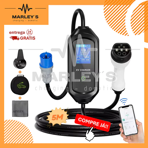 Carregador Portátil 7 kW | 32A | 5 Metros | App Wi-Fi | Ecrã LCD | Suporte Tomada | Saco Transporte
