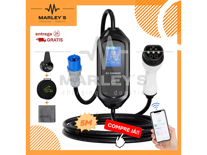 Carregador Portátil 7 kW | 32A | 5 Metros | App Wi-Fi | Ecrã LCD | Suporte Tomada | Saco Transporte 1