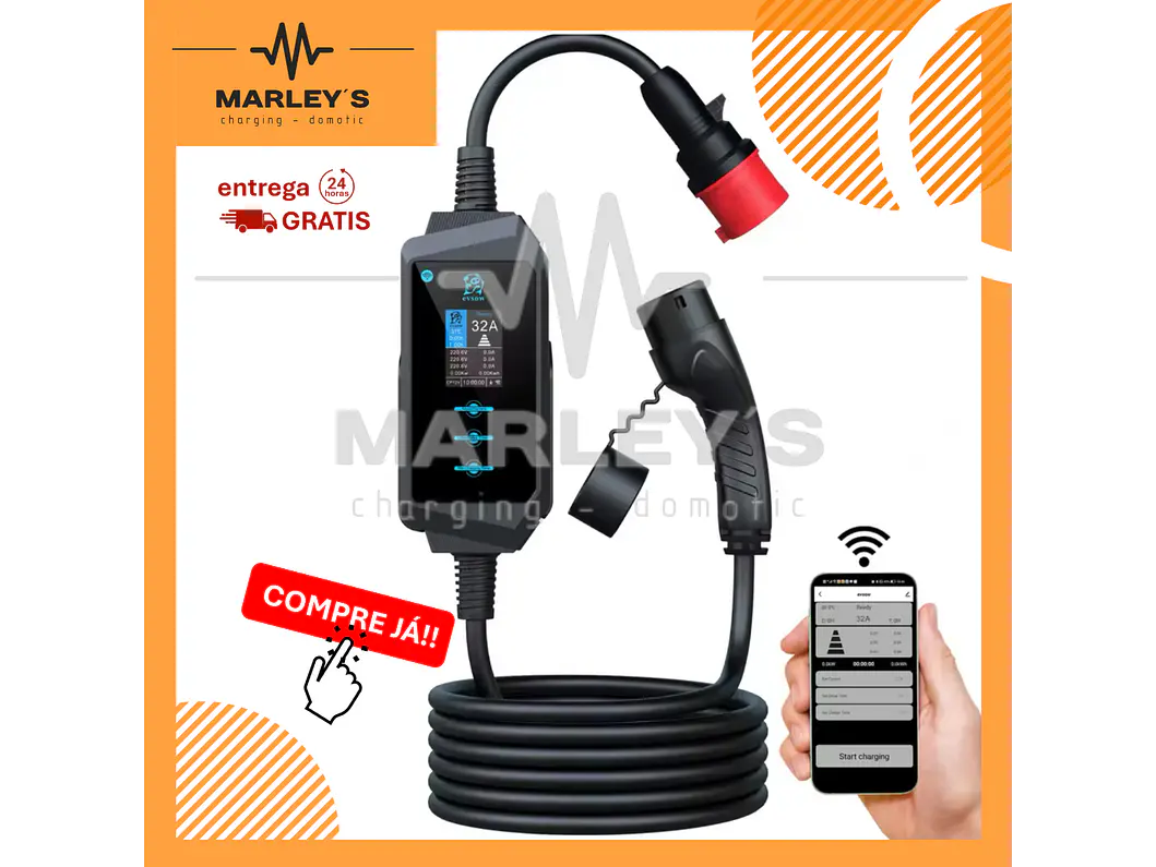 Carregador Portátil 22 kW | 32A | 5 Metros | App Wi-Fi | Saco Transporte | Suporte Parede 1