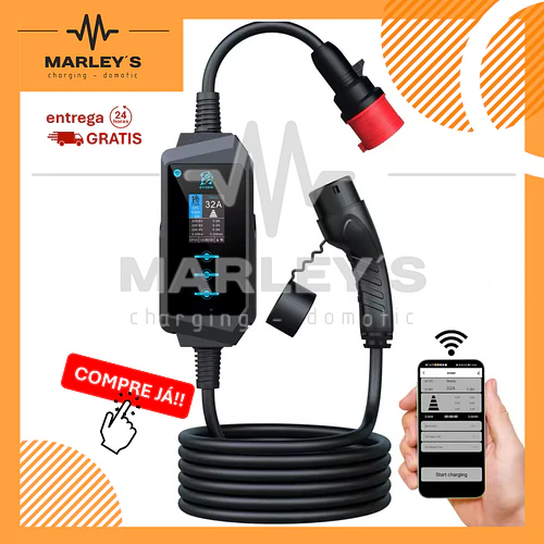 Carregador Portátil 22 kW | 32A | 5 Metros | App Wi-Fi | Saco Transporte | Suporte Parede