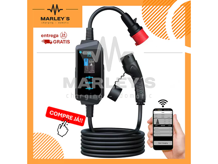 Carregador Portátil 22 kW | 32A | 5 Metros | App Wi-Fi | Saco Transporte | Suporte Parede 1