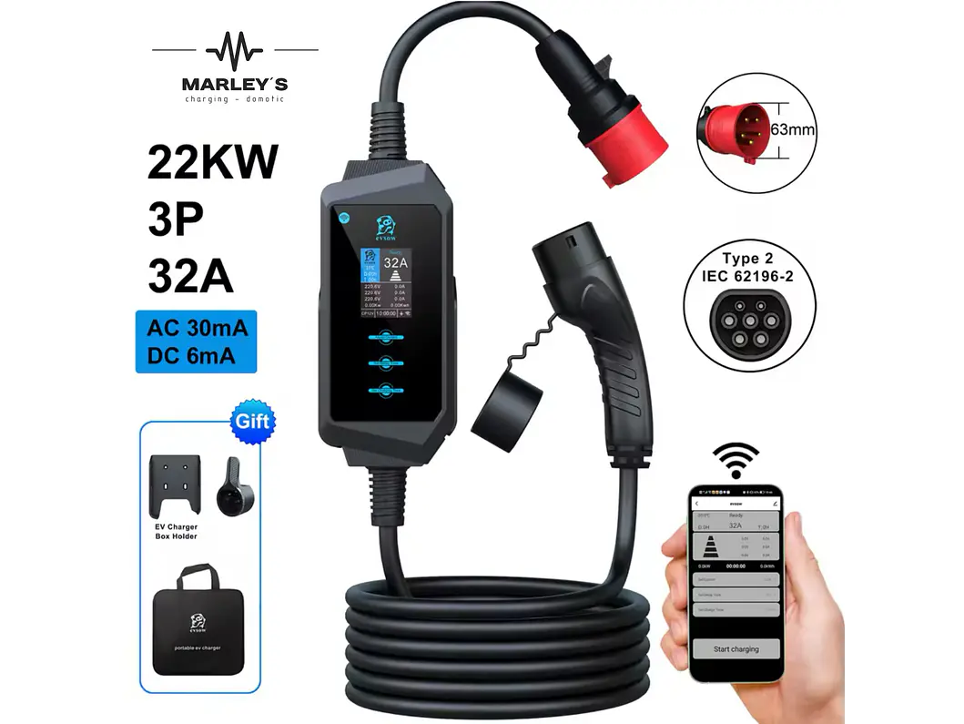 Carregador Portátil 22 kW | 32A | 5 Metros | App Wi-Fi | Saco Transporte | Suporte Parede 2