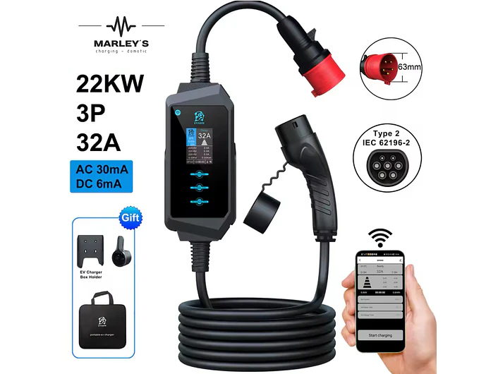 Carregador Portátil 22 kW | 32A | 5 Metros | App Wi-Fi | Saco Transporte | Suporte Parede 2