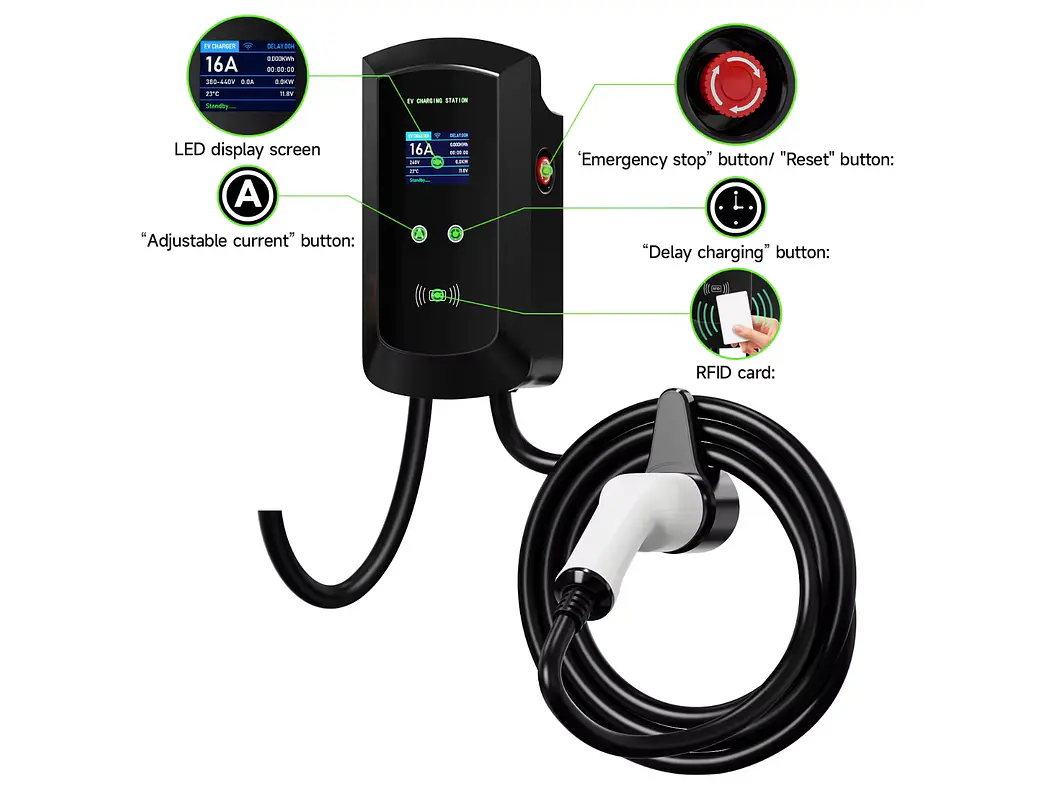 Wallbox 7 kW | 32A | Cabo 5m | App | RFID | Ecrã LCD 7