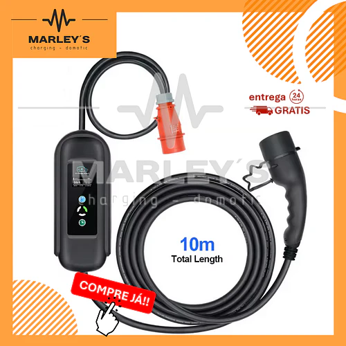 Carregador Portátil 11 kW | 16A | 10 Metros | Saco Transporte | Suporte Parede
