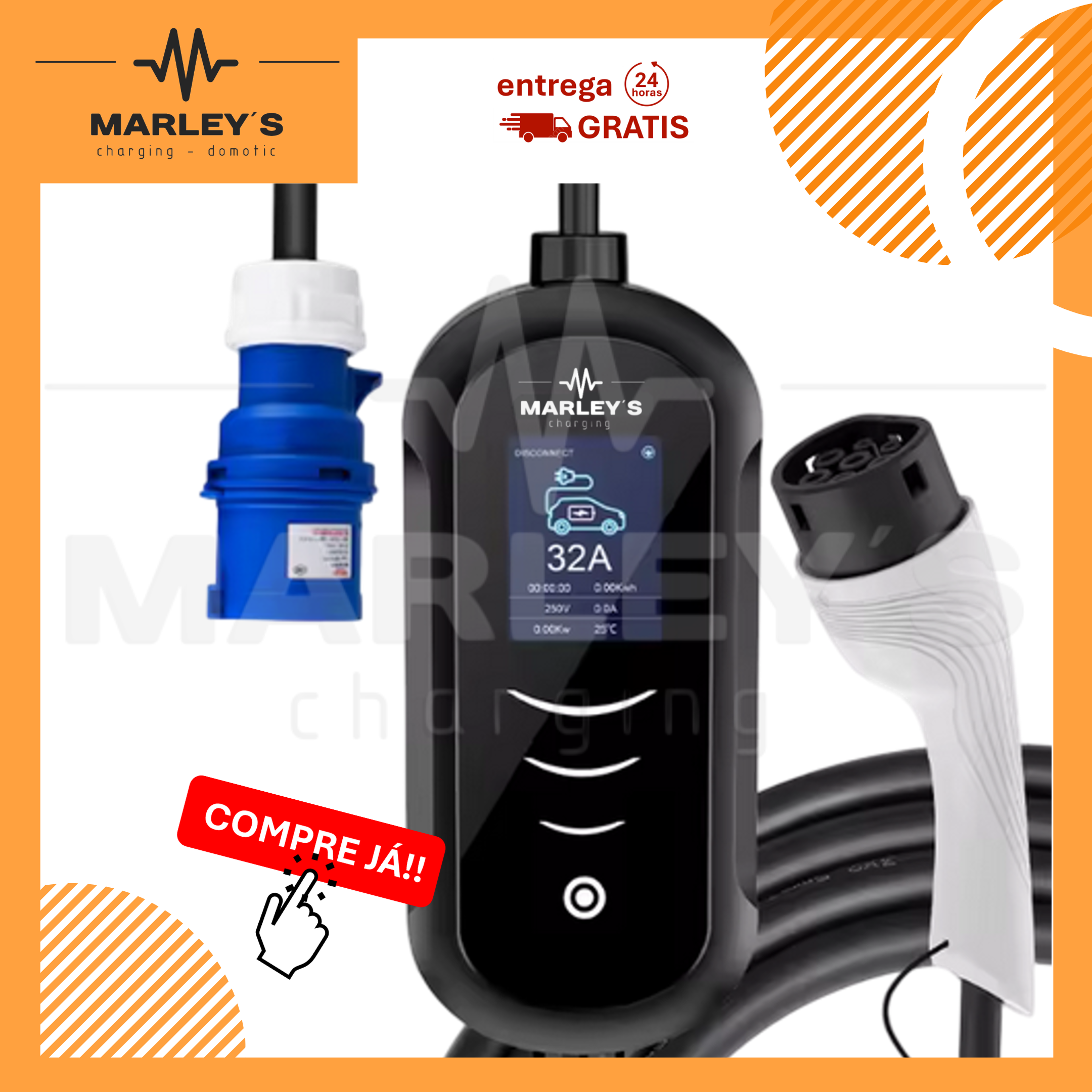 Carregador Portátil 7 kW | 32A | 3,5 Metros | Ecrã LCD | Saco Transporte