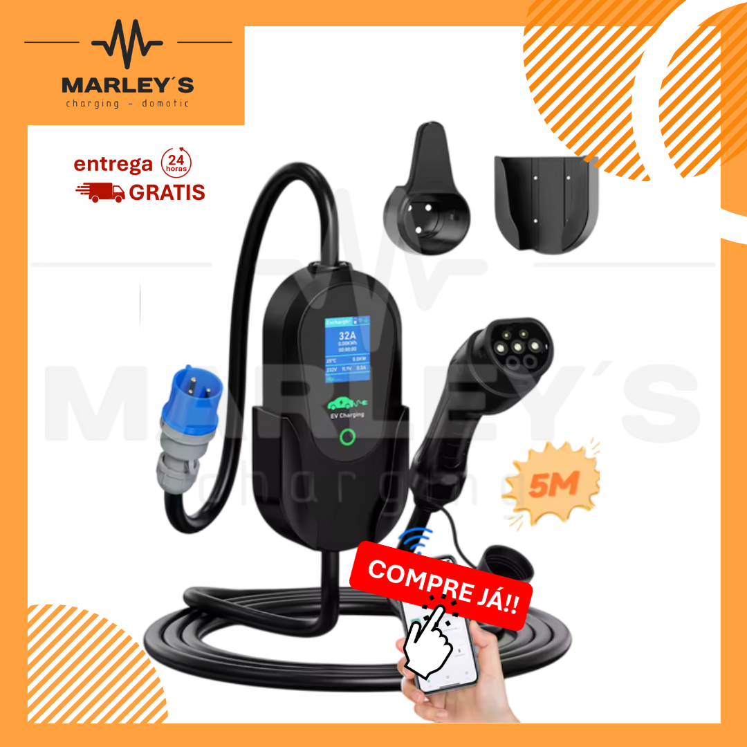 Carregador Portátil 7 kW | 32A | Cabo 5M | Wi-Fi | Ecrã LCD | Sup. Parede e Tomada | Saco