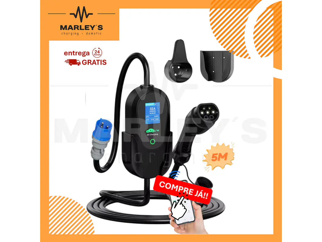 Carregador Portátil 7 kW | 32A | Cabo 5M | Wi-Fi | Ecrã LCD | Sup. Parede e Tomada | Saco 1