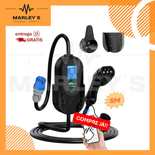 Carregador Portátil 7 kW | 32A | Cabo 5M | Wi-Fi | Ecrã LCD | Sup. Parede e Tomada | Saco