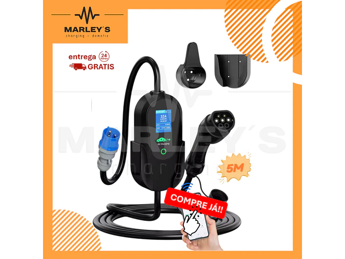 Carregador Portátil 7 kW | 32A | Cabo 5M | Wi-Fi | Ecrã LCD | Sup. Parede e Tomada | Saco 1