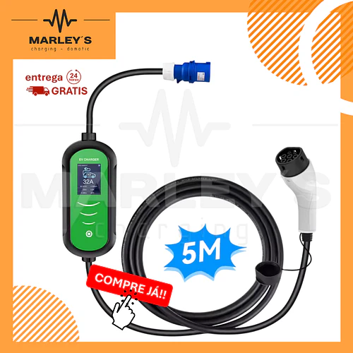 Carregador Portátil 7 kW | 32A | 5 Metros | Ecrã LCD | Saco Transporte