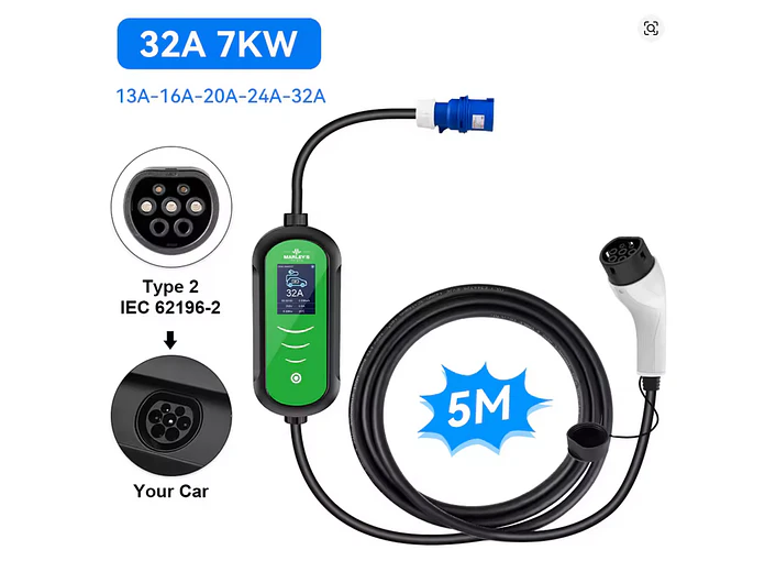 Carregador Portátil 7 kW | 32A | 5 Metros | Ecrã LCD | Saco Transporte 3
