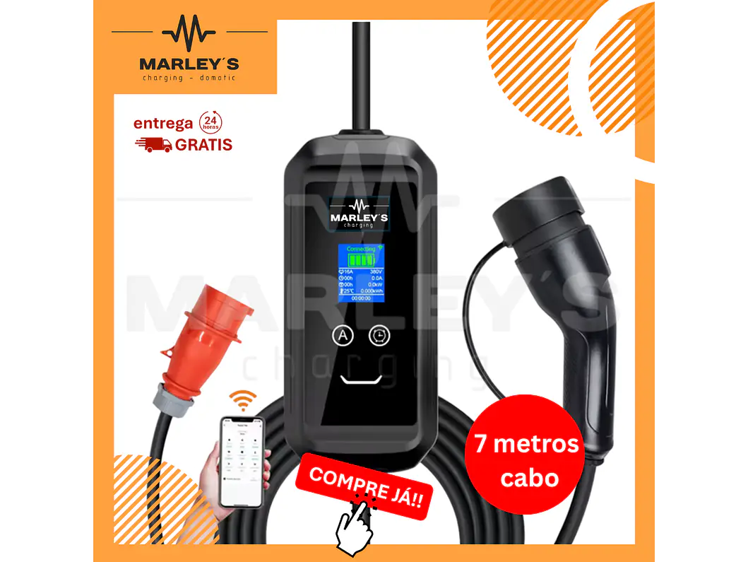 Carregador Portátil 11 kW | 16A | 7 Metros | App Wi-Fi | Saco Transporte | Sup Parede 1