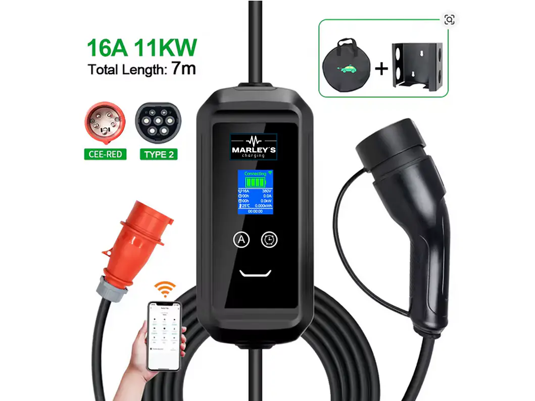 Carregador Portátil 11 kW | 16A | 7 Metros | App Wi-Fi | Saco Transporte | Sup Parede 2