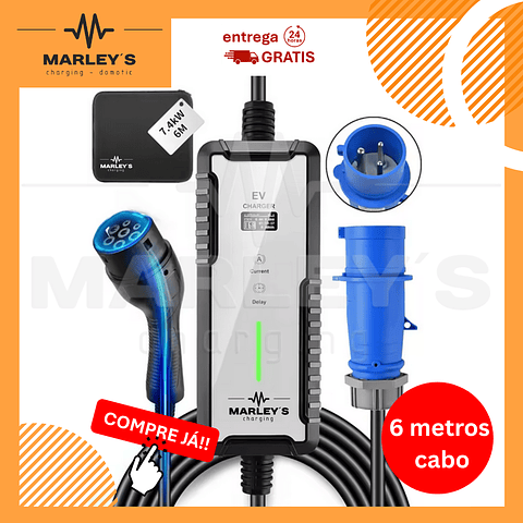Carregador Portátil 7 kw - 32A - c/ 6 metros Cabo - Saco Transporte 