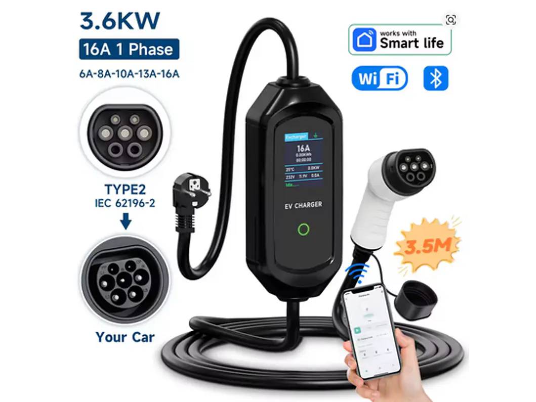 Carregador Portátil 3,5 kW | 16A | 3,5 - 5 - 10 Metros | App Wi-Fi | Saco Transporte 2
