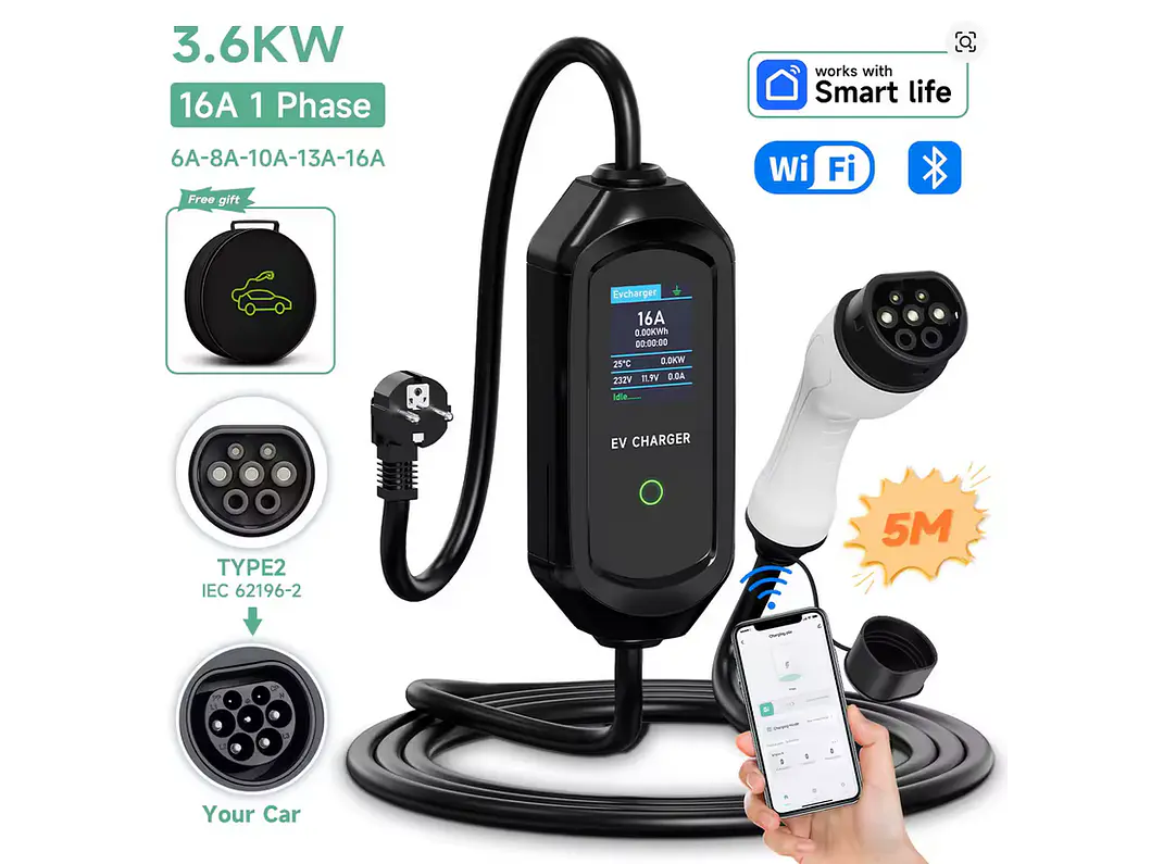 Carregador Portátil 3,5 kW | 16A | 3,5 - 5 - 10 Metros | App Wi-Fi | Saco Transporte 3