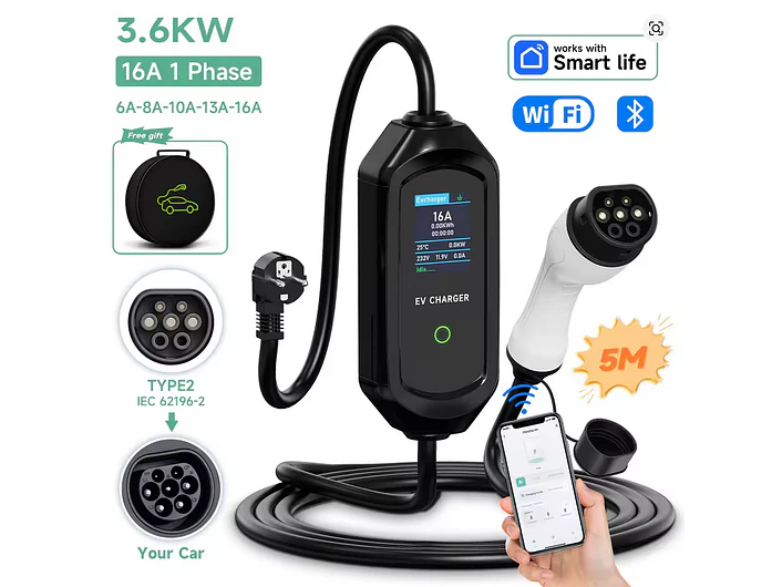 Carregador Portátil 3,5 kW | 16A | 3,5 - 5 - 10 Metros | App Wi-Fi | Saco Transporte 3
