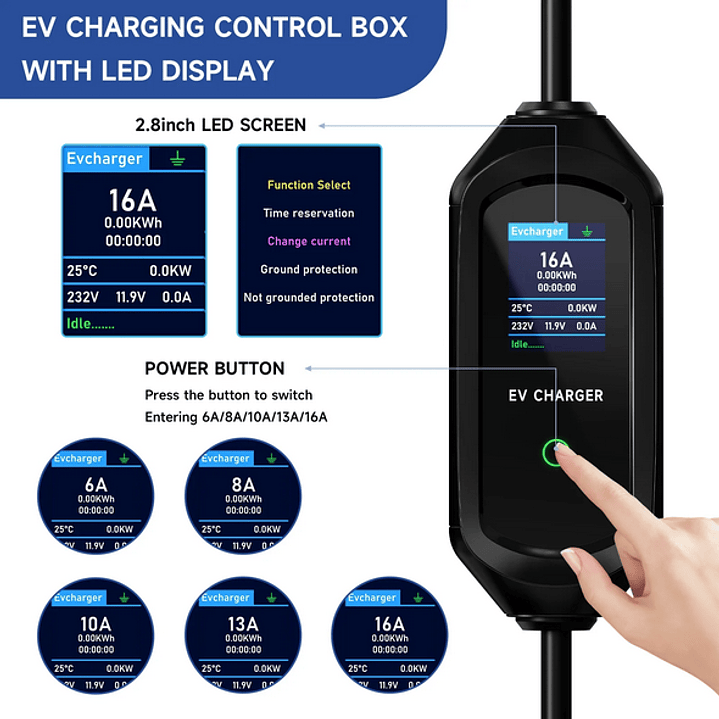 Carregador Portátil Doméstico 3.5 kw - 16A - C/ APP WI-FI - 3.5 / 5 ou 10 METROS CABO 13