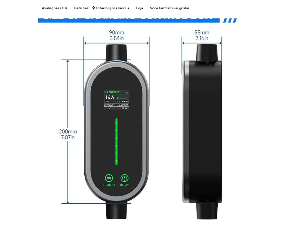 Carregador Portátil 3,5 kW | 16A | 5 ou 10 Metros | App Wi-Fi | Bolsa Transporte 11