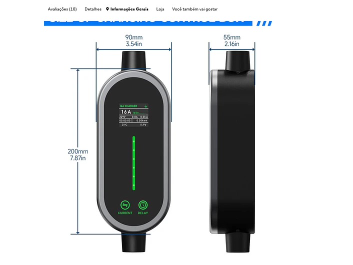 Carregador Portátil 3,5 kW | 16A | 5 ou 10 Metros | App Wi-Fi | Bolsa Transporte 11