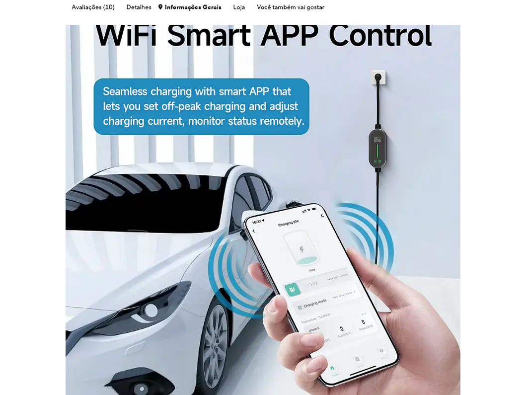 Carregador Portátil 3,5 kW | 16A | 5 ou 10 Metros | App Wi-Fi | Bolsa Transporte 12